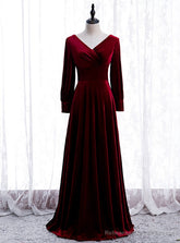 Unique Burgundy Velvet Long Sleeve V-neck Pleats Prom Dress